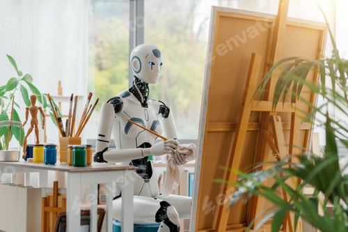 Preview: Humanoid AI robot painting on canvas