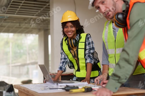 Preview: American African Foreman builder woman at construction site. Foreman construction and Engineer