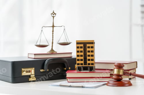 Preview: Property Lawyer desk with gavel and contract paper of attorney, nobody, no people