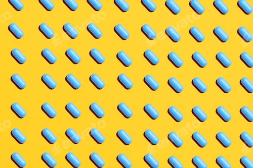 Preview: Blue pills in rows on yellow background, creative layout.