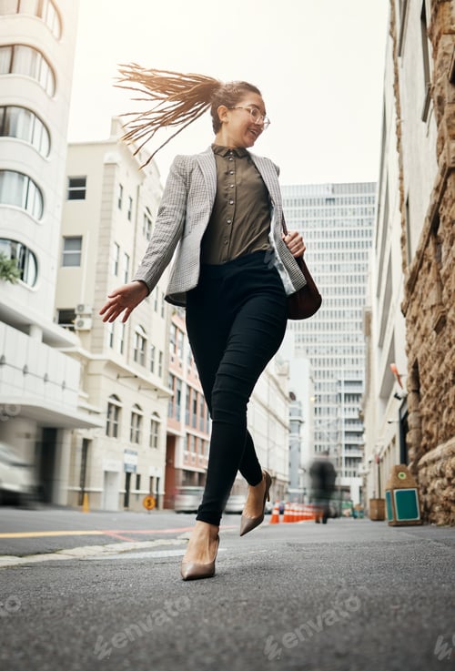 Preview: Business woman, walking and job commute with trendy, gen z and young employee in the city. Busy, cr