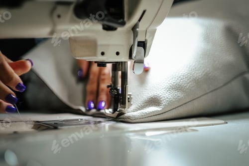 Preview: Closeup of female hands sewing gray leather on a machine