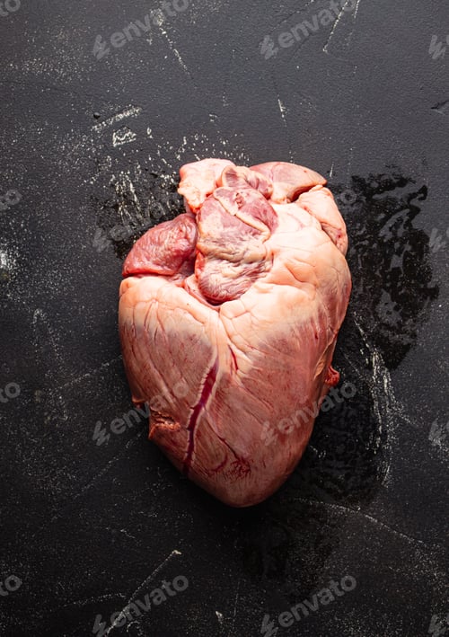 Preview: Raw beef or pork heart on dark background
