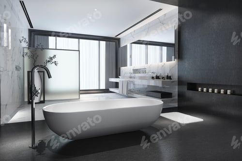 Preview: 3d rendering modern black stone bathroom with luxury tile decor with nice nature view from window