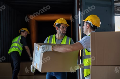 Preview: 3 Workers hand carry carton box take from 40 feet steel container one by one and stack on floor