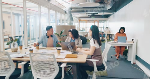 Preview: Business people, diversity or meeting with modern office documents, digital marketing laptop or tar