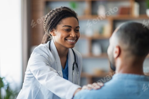 Preview: Cheerful african american woman doctor touching male patient shoulder
