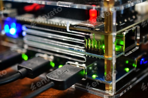 Preview: USB plugs in data ports with computer server lights, technology, visualizing data IT department