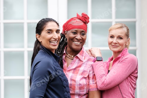 Preview: Happy multiracial mature fitness women posing to camera.