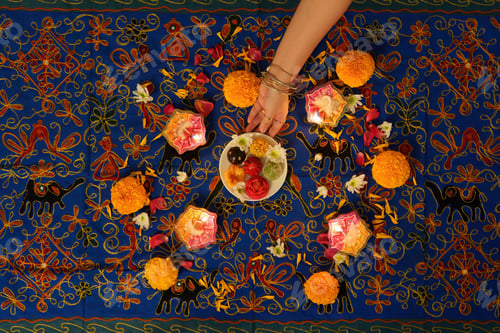 Preview: Diwali festival. Hands arranging decorative items on colorful rangoli.