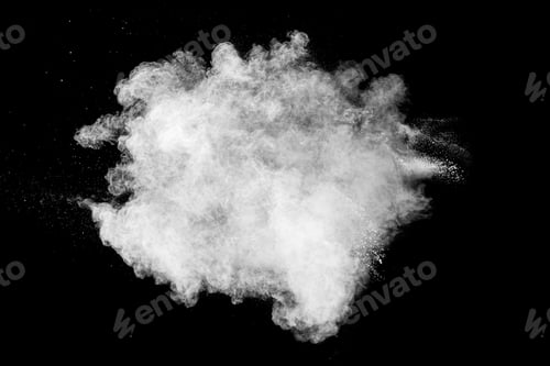 Preview: White powder explosion cloud against black background. White dust particles splash.