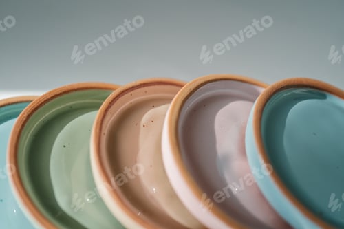 Preview: A large stack of ceramic cups in pastel colors.