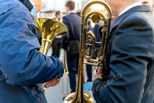Preview: Band musicians with their instruments on the street. Typical music bands in Spain.