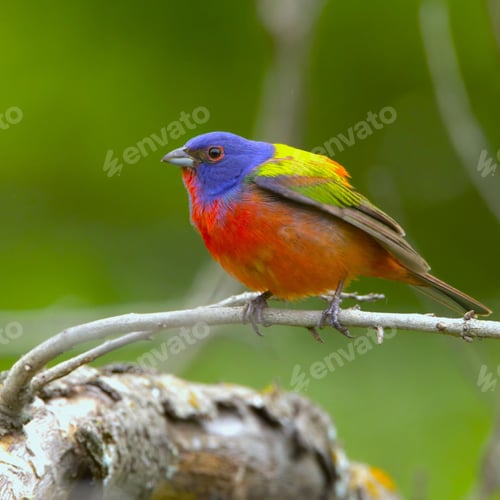 Preview: Vibrant painted bunting perched on a branch with a blurred green background