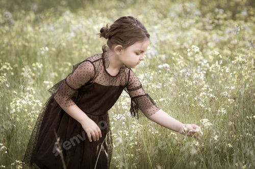 Preview: Little girl in a black lace dress standing in a field of wildflowers bending over to pick a flower.