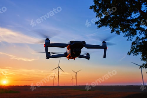 Preview: Drone Flying at Sunset with Wind Turbines in Background