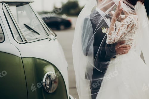 Preview: Stylish bride and groom sensually posing near retro car
