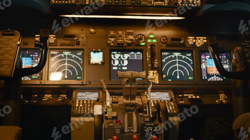 Preview: Empty airplane cockpit with dashboard navigation to takeoff