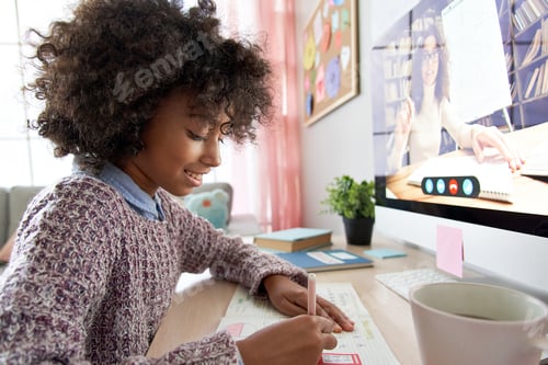 Preview: Happy african school child girl online learning with virtual tutor at home.
