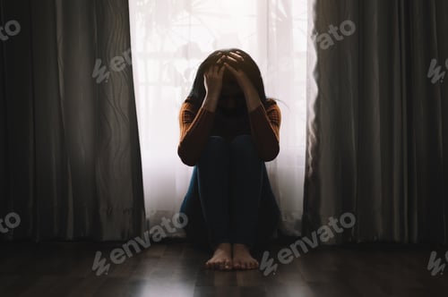 Preview: woman sit Depression Standing by window and anxiety