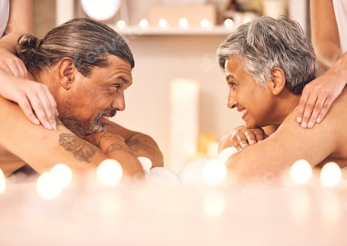 Preview: Mature couple, romantic massage at spa in candle light and wellness, relax and smile together. Holi