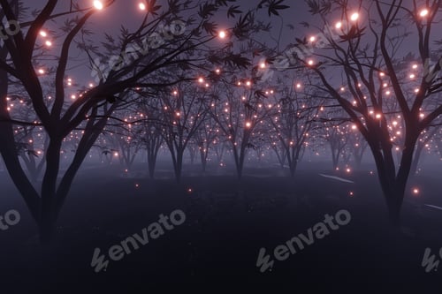 Preview: abstract Glowing particle Sparkles on alien planet landscape forest 3d rendering