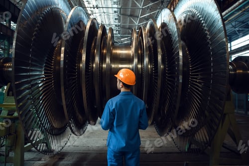Preview: Worker checks turbine impeller vanes on factory