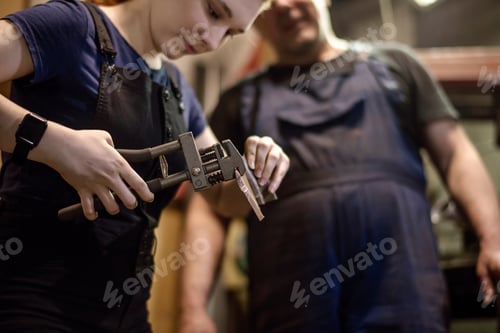 Preview: Father, the teacher teaches the young girl, the daughter to work on the factory equipment