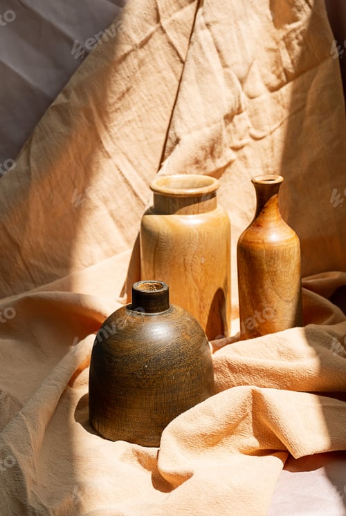 Preview: Aesthetic wooden vases on textile background. Vintage home decor collection.
