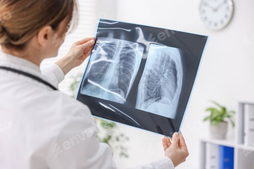 Preview: Doctor examining lungs x-ray in hospital, closeup