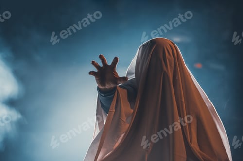 Preview: Halloween concept with ghost in smoky night