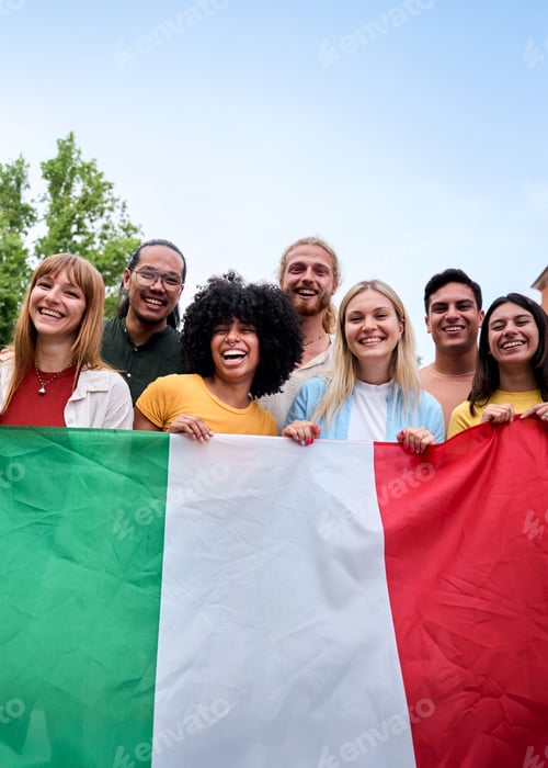Preview: Multiracial group of friends holding the Italian flag with pride, celebrating patriotism