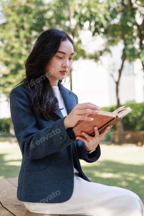 Preview: Young woman studying reading book outdoors on campus
