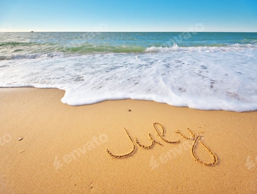 Preview: July word written on sea sand shore beach at day.