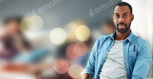 Preview: Portrait, business and black man on banner in office, startup company or workplace on bokeh. Face,