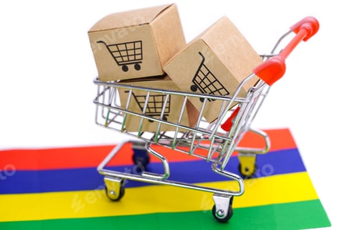 Preview: Box with shopping cart logo and Mauritius flag : Import Export Shopping online