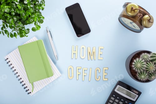 Preview: home office text desk with smartphone notebook houseplants, working space at home