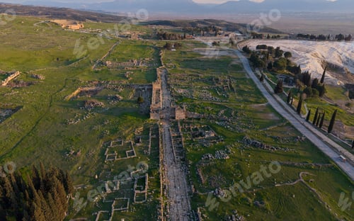 Preview: Aerial View of Hierapolis Ancient City and Pamukkale Travertines in Denizli Turkey