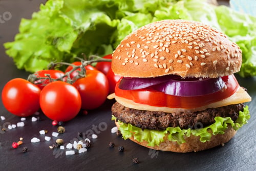 Preview: Homemade cheeseburger on black slate surface.