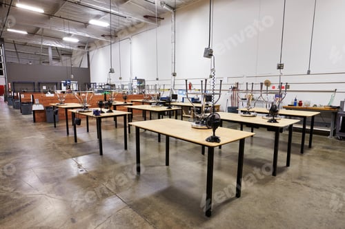 Preview: Interior Of Factory With Empty Work Benches