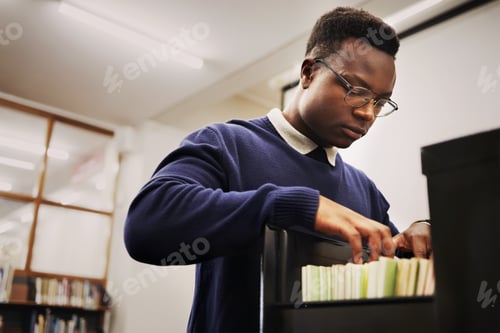 Preview: School research, notes and a black man in a library for knowledge, learning or studying. University