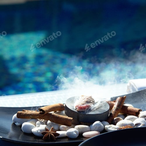 Preview: Prepared asian Food on blue pool background