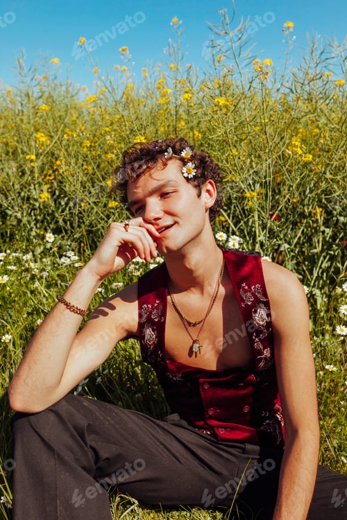 Preview: Young cheerful homosexual man sitting in rapeseed field at spring