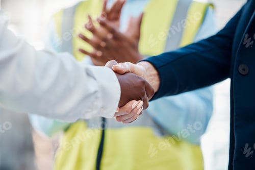 Preview: Handshake, success deal or partnership for construction worker, building engineer or architect fina