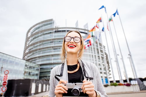 Preview: Woman near the European parliament building in Strasbourg