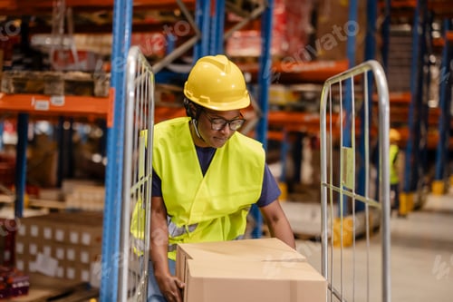 Preview: Female warehouse worker pushing trolley with cardboard boxes