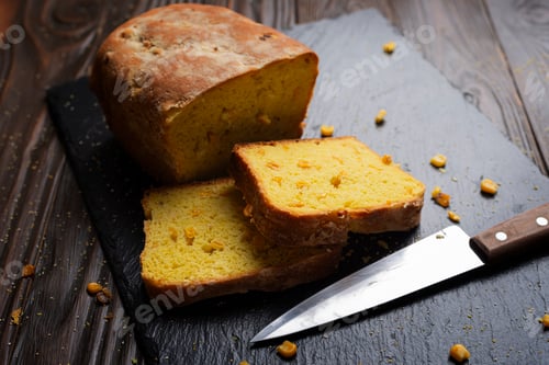 Preview: Homemade cornbread loaf and slices on kitchen table
