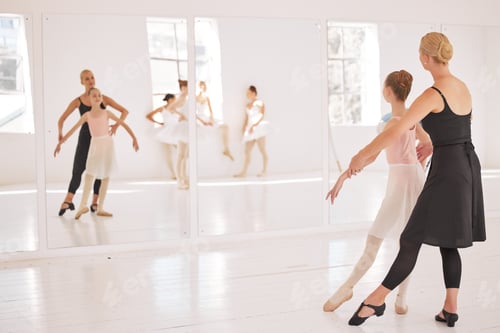 Preview: Ballet, student and teacher in dance studio training and motivation support looking in mirror at gi
