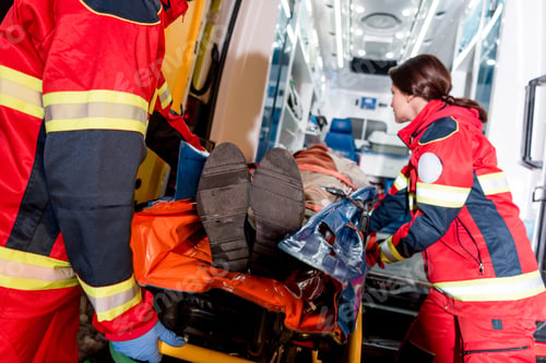 Preview: Paramedics transportating patient on gurney in ambulance car