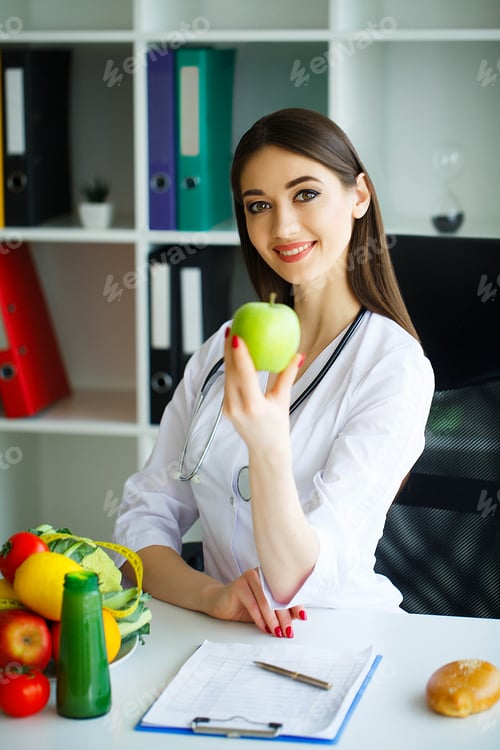 Preview: Health. Portrait of the Lucky Dietitian in the Light Room. Holds the Green Apple and the Centimeter